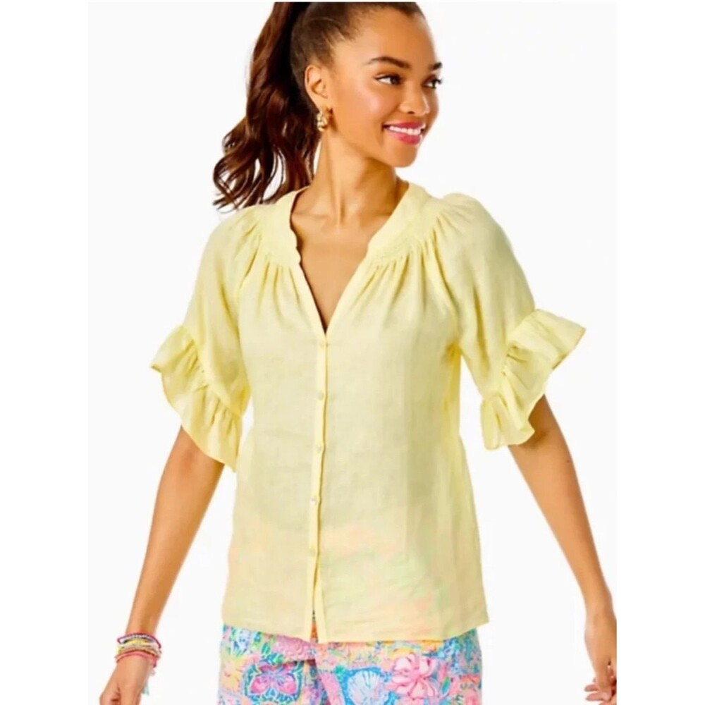 Lilly Pulitzer Tayla Blouse Size XL 100% Linen Crème Fraiche Button-Down